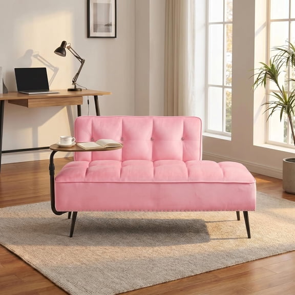 MOONMISS 54 inch 2-Seater Velvet Sofa with 360 Rotating Side Table Space Saving Multi Use Bench Office Living Room Apartment,Pink