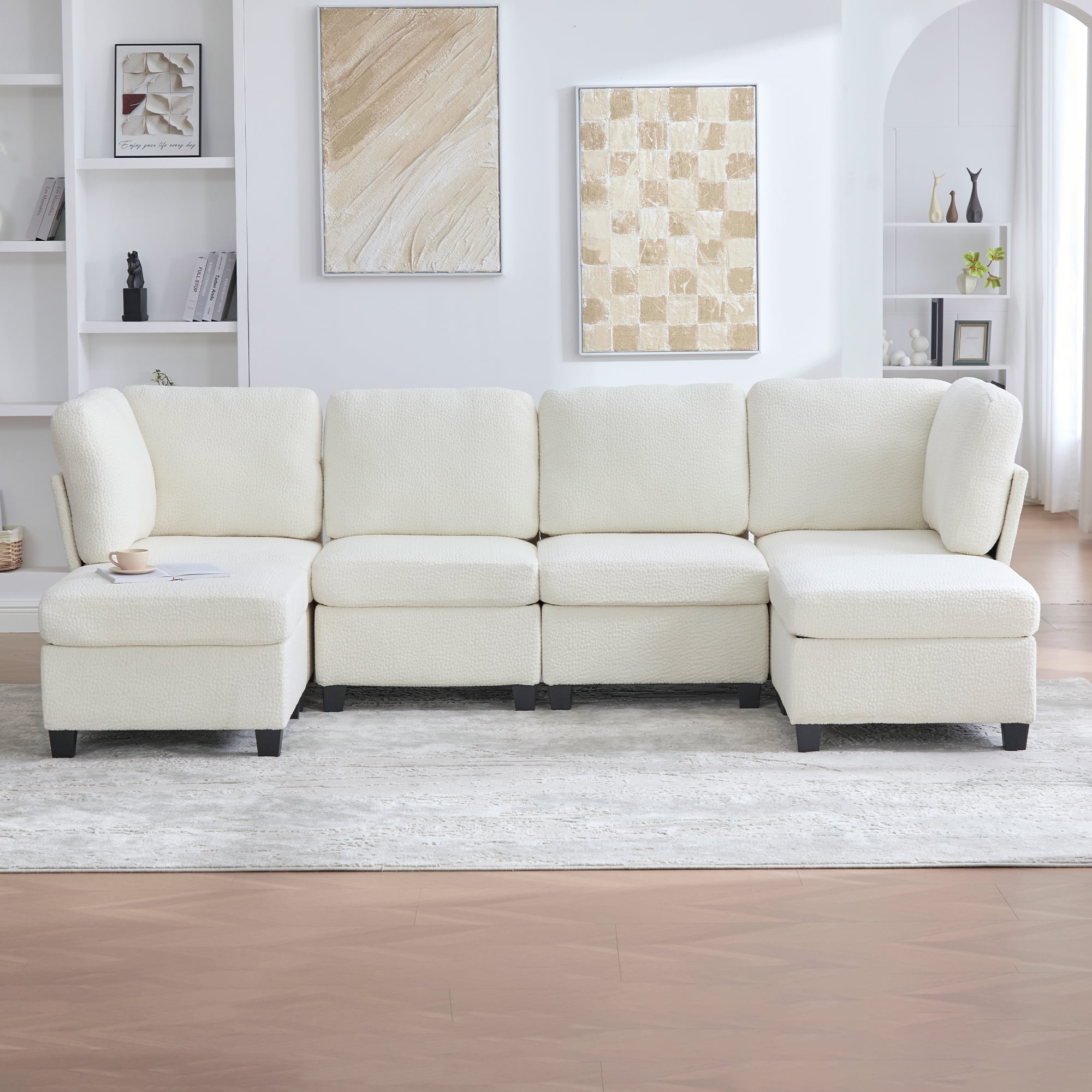 MOONMISS 6-Seat Polyester Upholstered U-Shaped Modular Storage Sleeper Sectional Sofa with Storage Ottoman-Beige