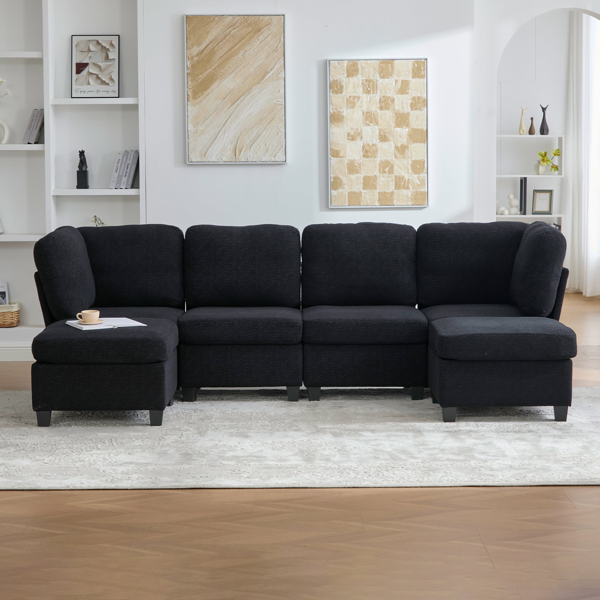 MOONMISS 6-Seat Polyester Upholstered U-Shaped Modular Storage Sleeper Sectional Sofa with Storage Ottoman-Black