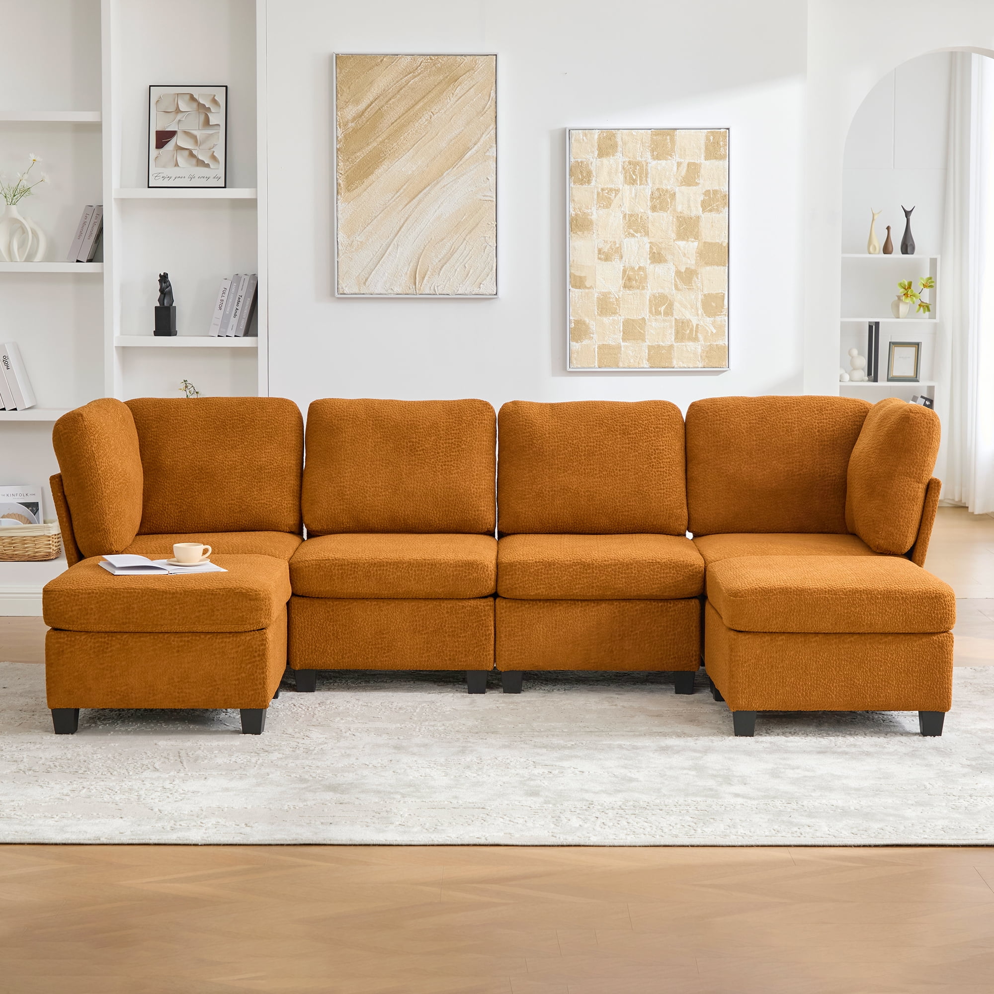 MOONMISS 6-Seat Polyester Upholstered U-Shaped Modular Storage Sleeper Sectional Sofa with Storage Ottoman-Orange