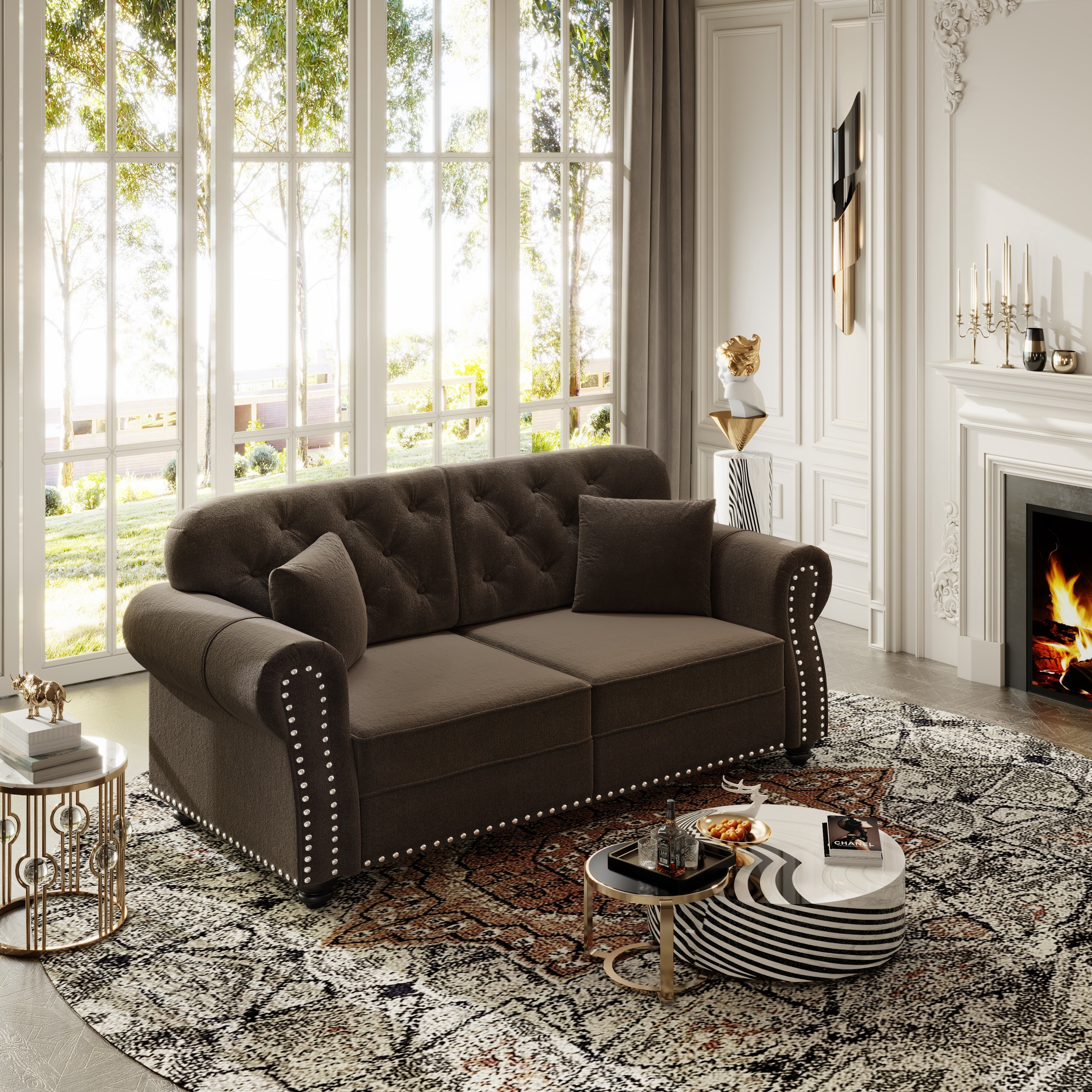 MOONMISS 63" Velvet Chesterfield 2-Seat Sofa with Rolled Arms & Nailhead Trim,Modern Upholstered Button Tufted Couch with High Resilience Cushion & 2 Pillow,Brown
