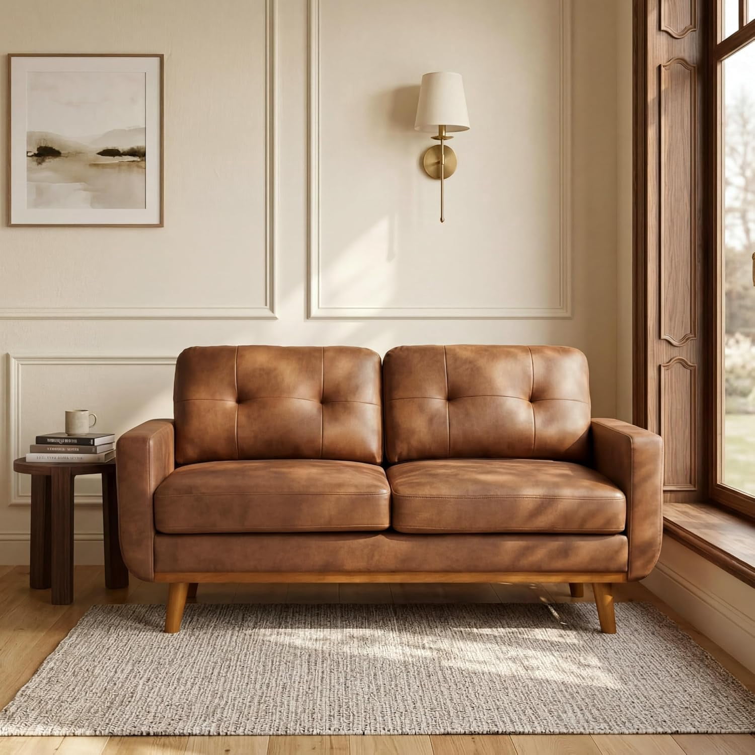 MOONMISS 65" Loveseat Couch, Modern Small Sofa With Walnut Wood Legs 2-seater Fabric Upholstered Mini Sofa Couches For Small Space,living Room Bedroom Office Dorm Apartment,Brown