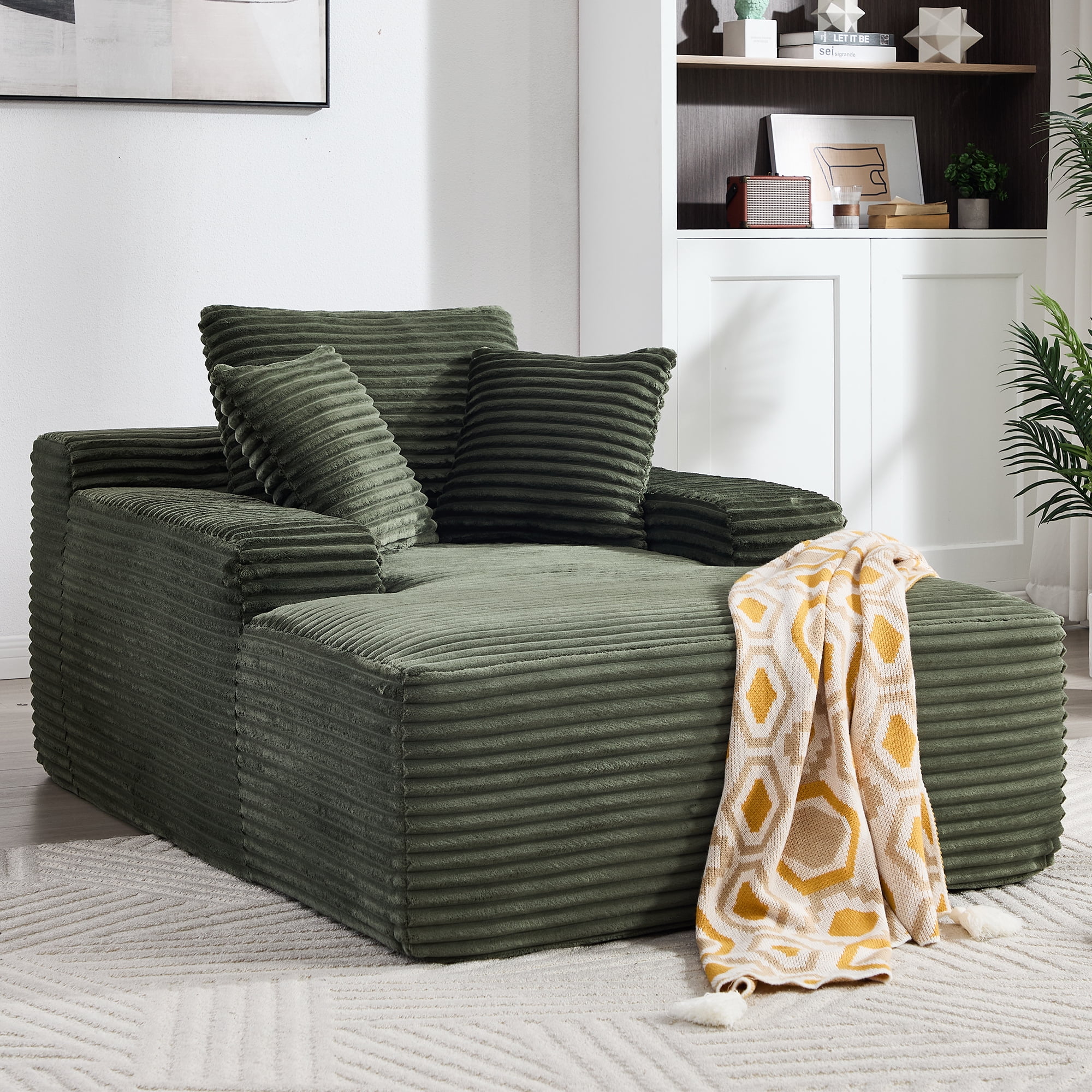 MOONMISS 67'' Oversized Corduroy Chaise Lounge Sofa with 3 Pillows No Assembly Deep Seat Sleeper Living Room,Green