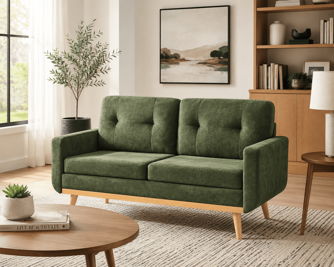 MOONMISS 67" Velvet Loveseat Couch, Modern Small Sofa With Walnut Wood Legs 2-seater Fabric Upholstered Mini Sofa Couches For Small Space,living Room Bedroom Office Dorm Apartment,Green