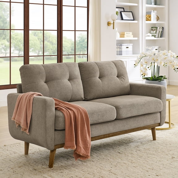 MOONMISS 67" Velvet Loveseat Couch, Modern Small Sofa With Walnut Wood Legs 2-seater Fabric Upholstered Mini Sofa Couches For Small Space,living Room Bedroom Office Dorm Apartment,Khaki
