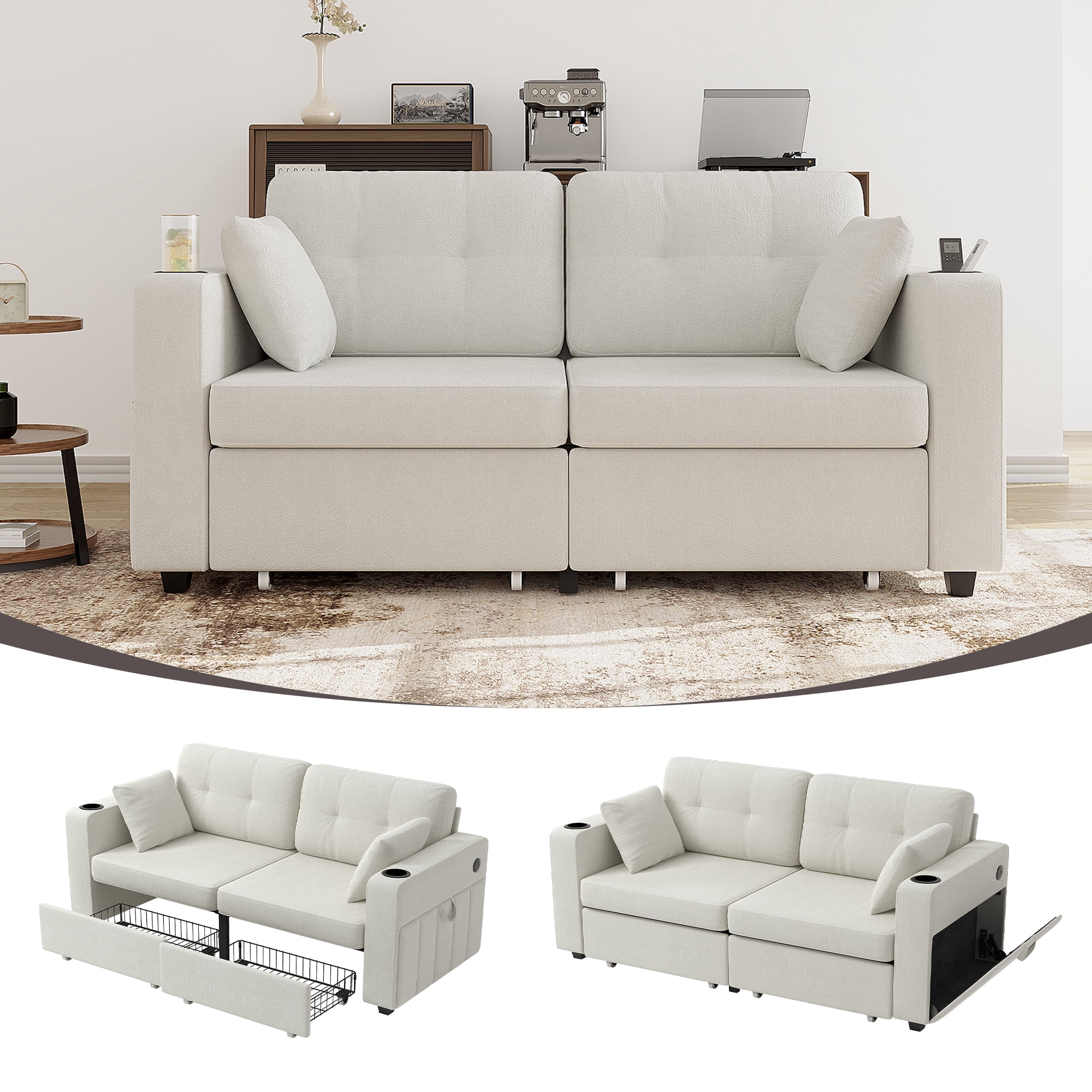 MOONMISS 68" Chenille 3 Seater Sofa Deep Seats,Wood Frame with Storage,USB Charging and Cup Holder,Beige
