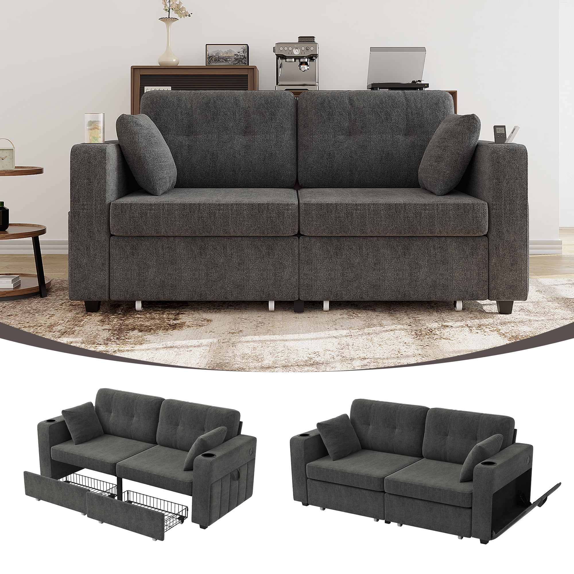 MOONMISS 68" Chenille 3 Seater Sofa Deep Seats,Wood Frame with Storage,USB Charging and Cup Holder,Gray