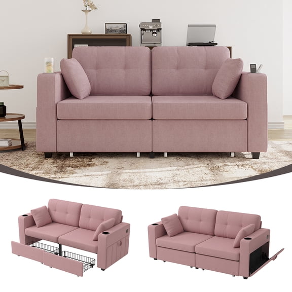 MOONMISS 68" Chenille 3 Seater Sofa Deep Seats,Wood Frame with Storage,USB Charging and Cup Holder,Pink