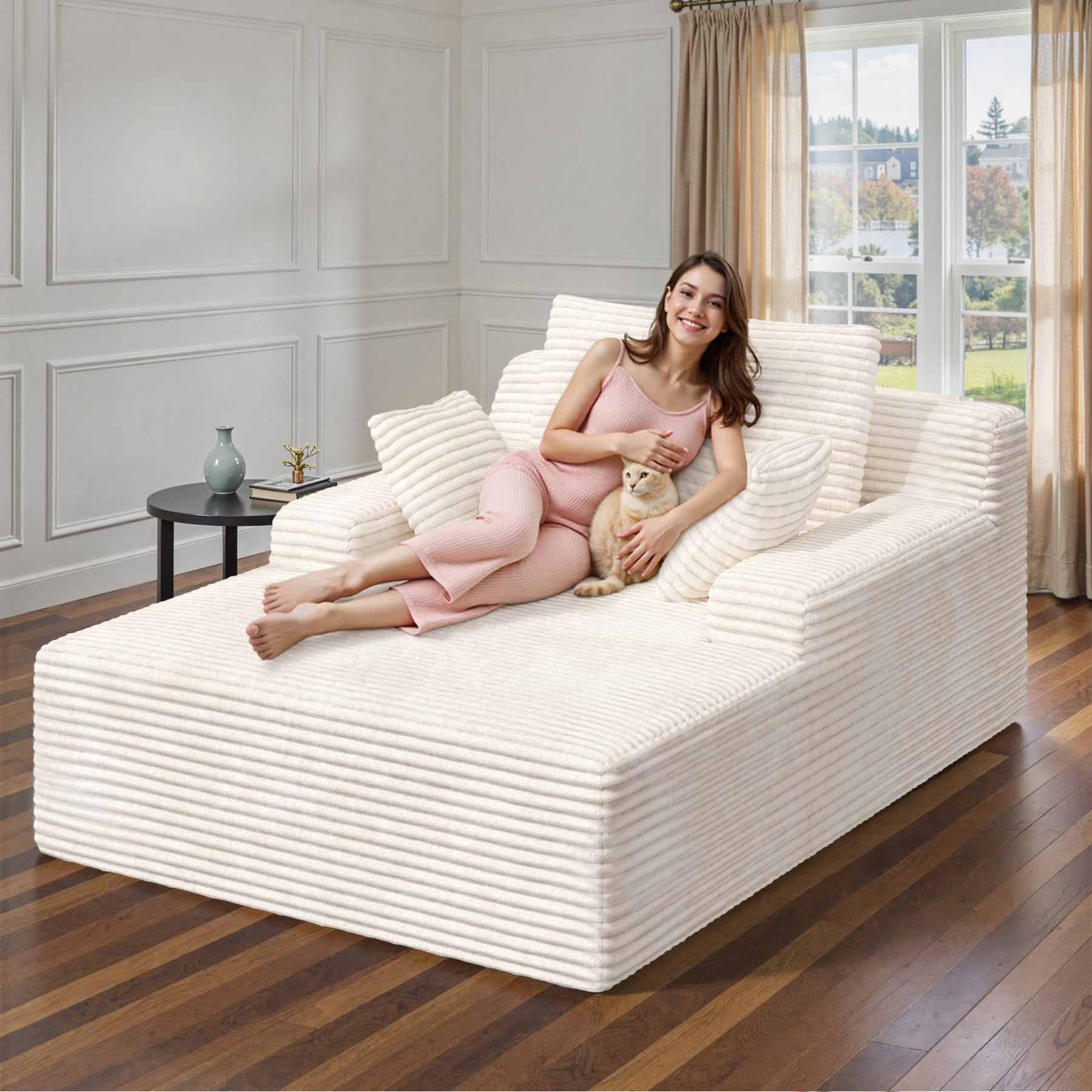 MOONMISS 68" Oversize Chaise Lounge Chair Indoor,Comfy Non-assembly Sofa Couches With 3 Pillows,Beige