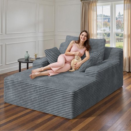 MOONMISS 68" Oversize Chaise Lounge Chair Indoor,Comfy Non-assembly Sofa Couches With 3 Pillows,Gray