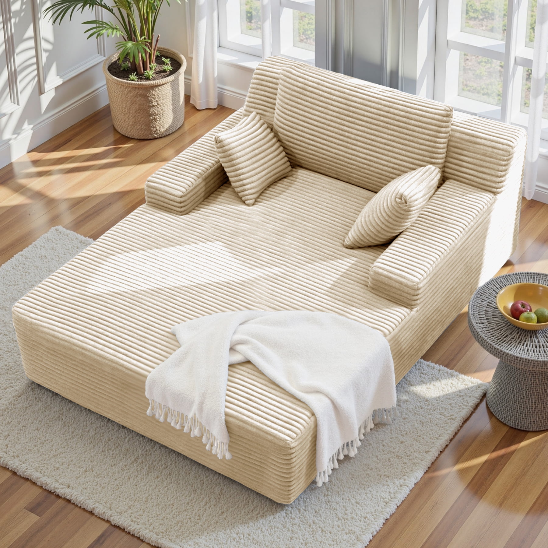 MOONMISS 68" Oversize Chaise Lounge Chair Indoor,Comfy Non-assembly Sofa Couches With 3 Pillows,Khaki