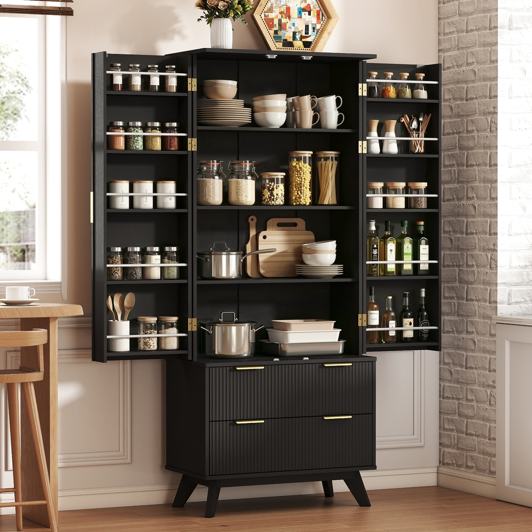 MOONMISS 72"H Kitchen Pantry Cabinet with 2 Doors and 2 Drawers, Solid & Strudy, Large Storage Cabinet with Fluted Barn Door and Adjustable Shelves for Kitchen, Entryway-Black