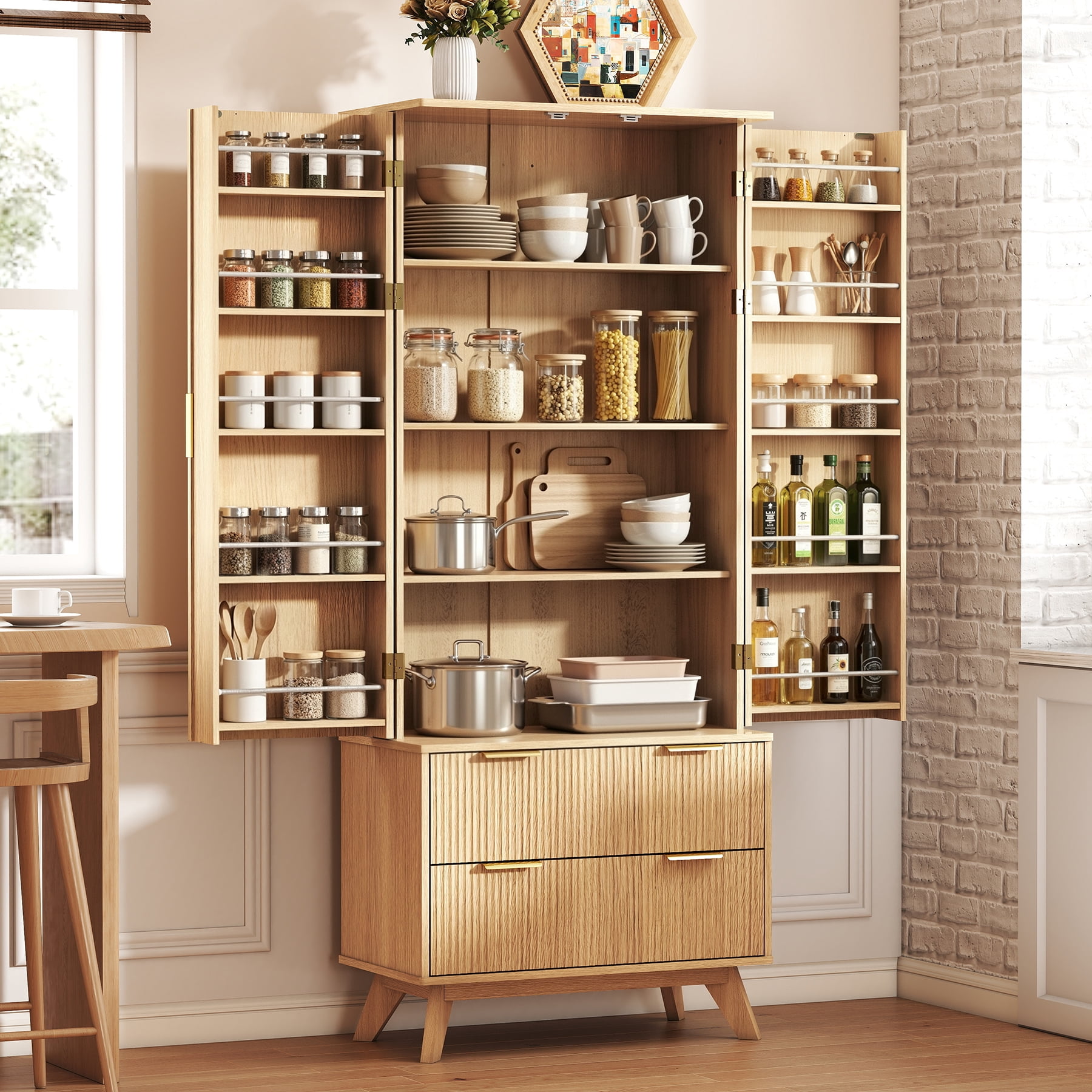 MOONMISS 72"H Kitchen Pantry Cabinet with 2 Doors and 2 Drawers, Solid & Strudy, Large Storage Cabinet with Fluted Barn Door and Adjustable Shelves for Kitchen, Entryway-Natural Wood