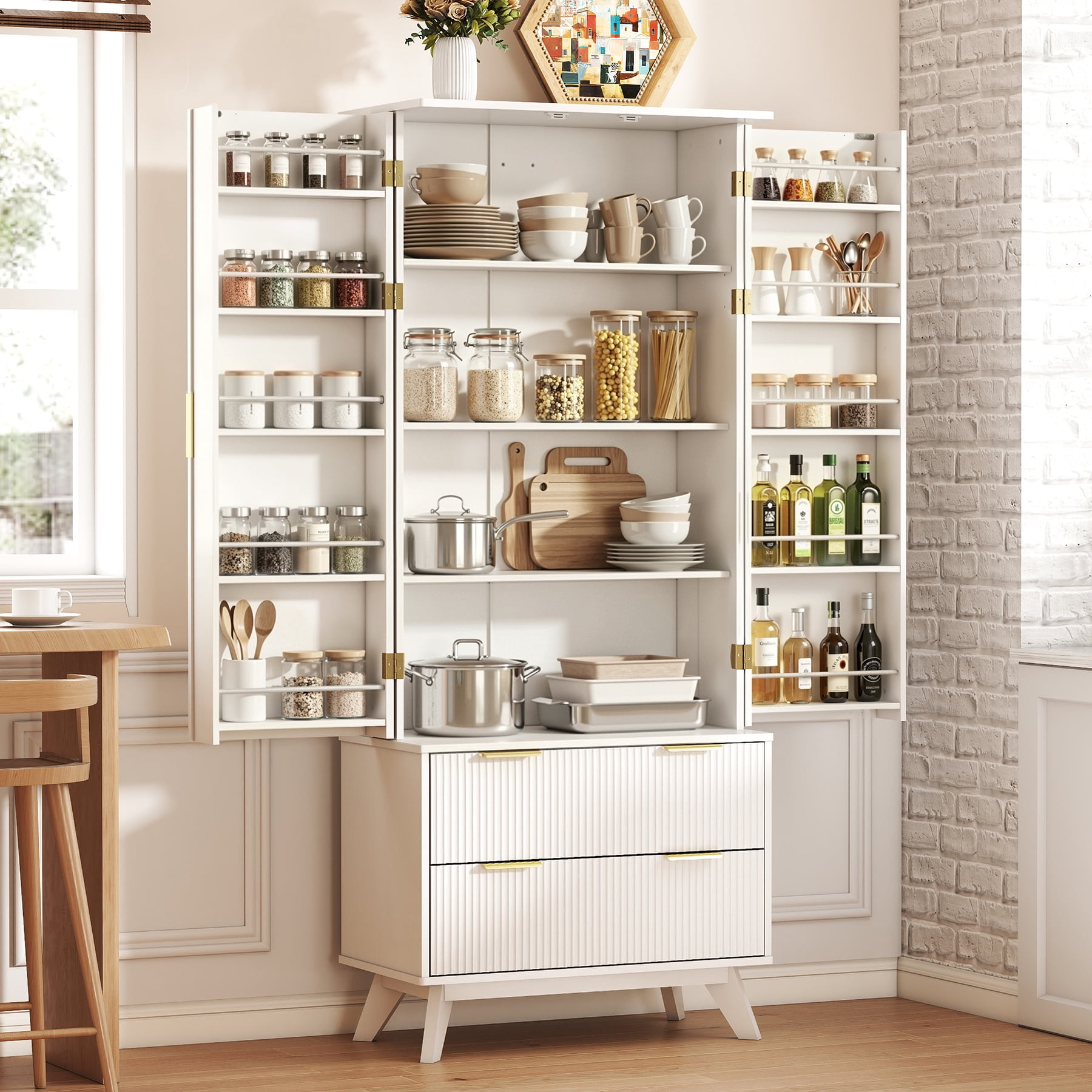 MOONMISS 72"H Kitchen Pantry Cabinet with 2 Doors and 2 Drawers, Solid & Strudy, Large Storage Cabinet with Fluted Barn Door and Adjustable Shelves for Kitchen, Entryway-White