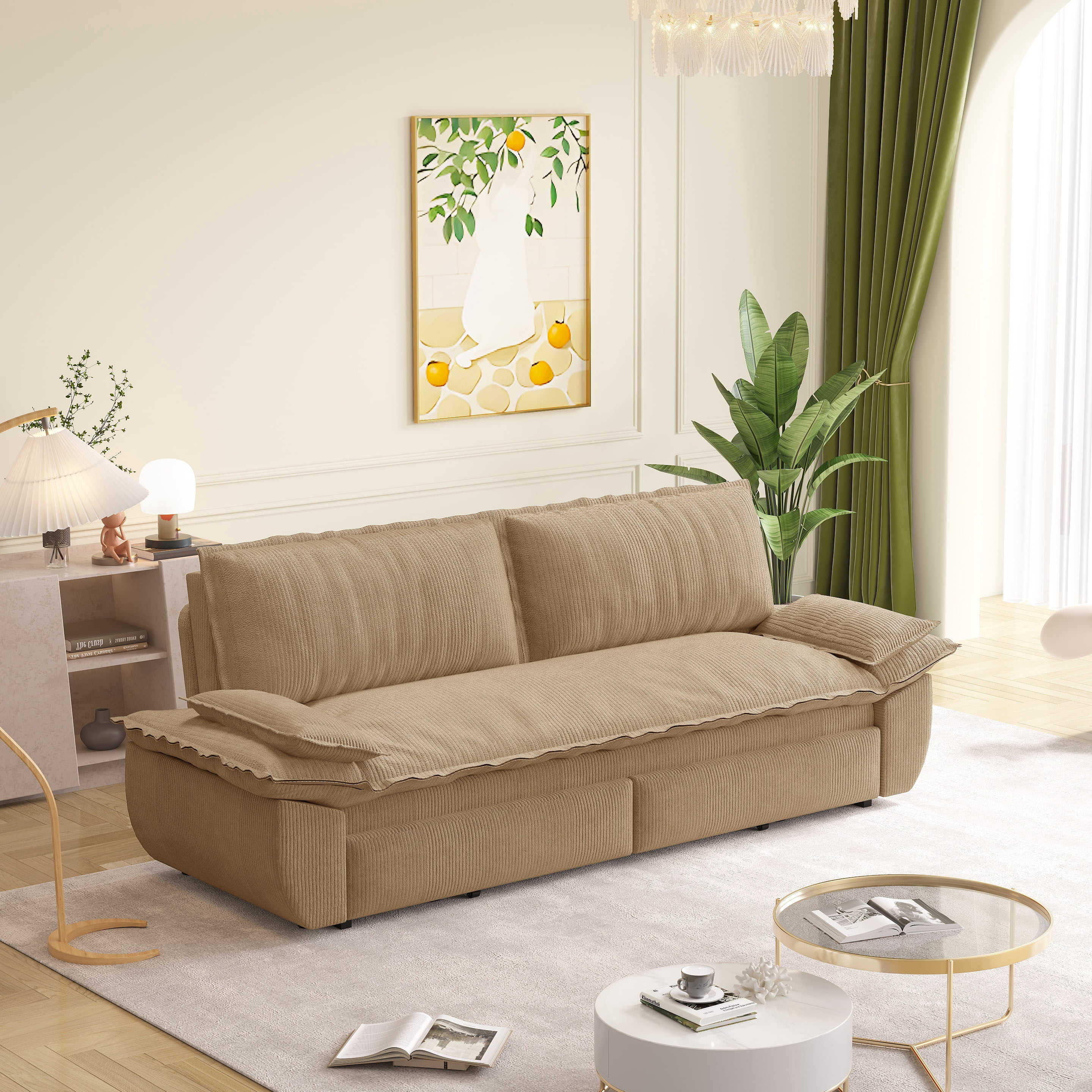 MOONMISS 73.2" Queen Pull Out Sofa Bed,3-in-1 Convertible Sleeper Sofa,Multi-Functional Corduroy Couch Bed,Camel
