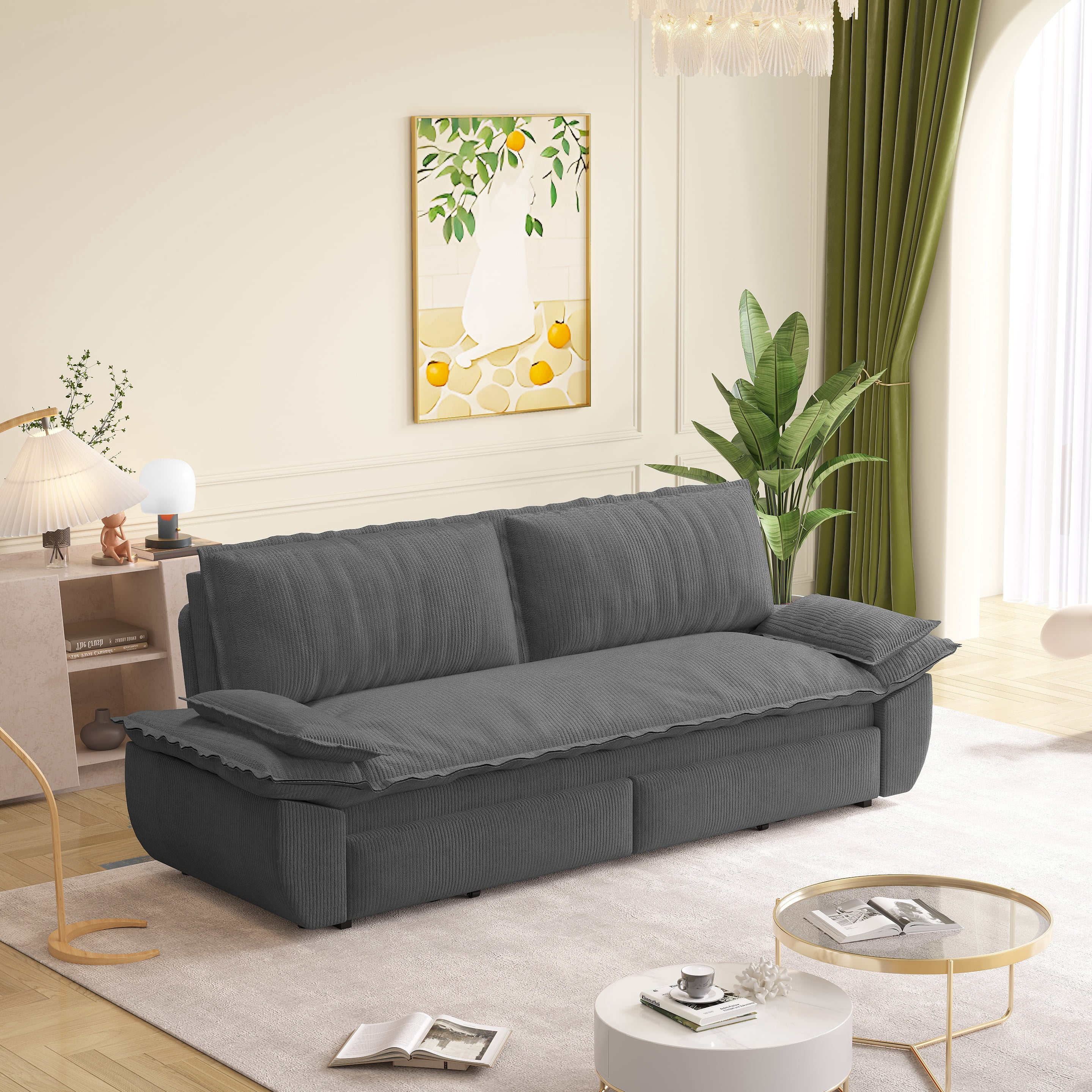 MOONMISS 73.2" Queen Pull Out Sofa Bed,3-in-1 Convertible Sleeper Sofa,Multi-Functional Corduroy Couch Bed,Gray