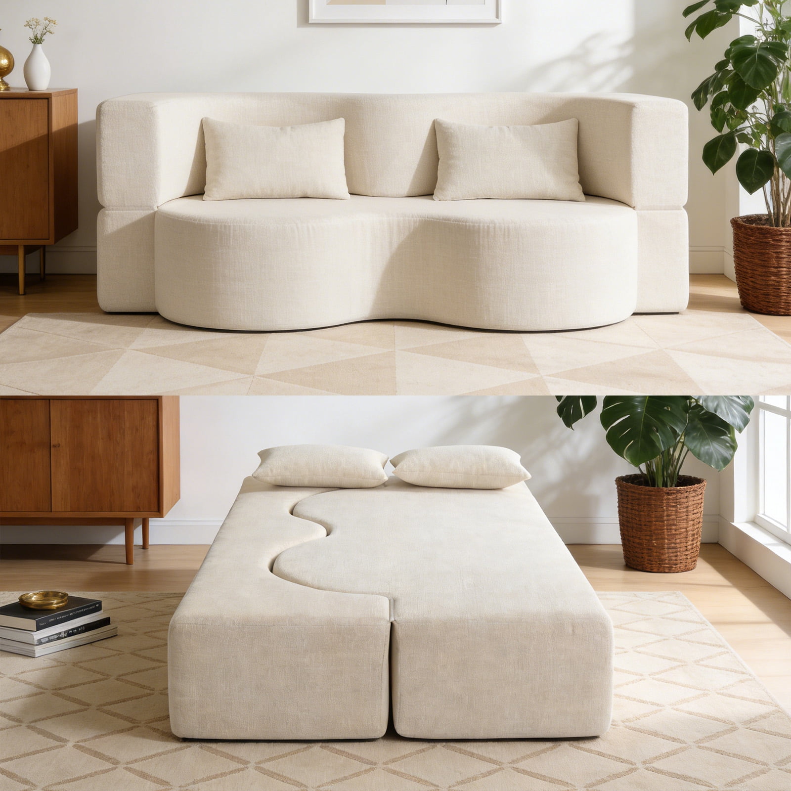 MOONMISS 75'' Folding Boneless Couch, 2-in-1 Sleeper Sofa Bed with Memory Foam, Foldable Sofa with 2 Pillows Living Room, Apartment No Assembly,Beige