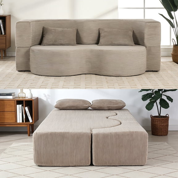 MOONMISS 75'' Folding Boneless Couch, 2-in-1 Sleeper Sofa Bed with Memory Foam, Foldable Sofa with 2 Pillows Living Room, Apartment No Assembly,Grey