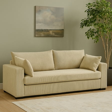 MOONMISS 79" Corduroy Sofa,3 Seater Sofa with Extra Deep Seats,Comfy Upholstered Couch for Living Room,2 Pillows,Beige