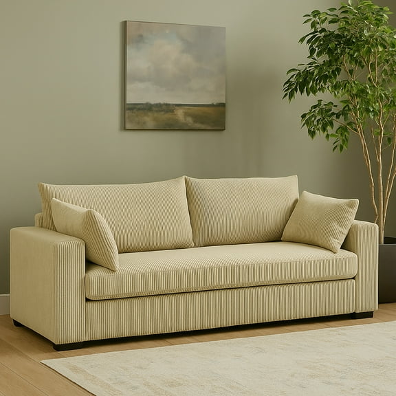 MOONMISS 79" Corduroy Sofa,3 Seater Sofa with Extra Deep Seats,Comfy Upholstered Couch for Living Room,2 Pillows,Beige