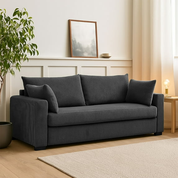 MOONMISS 79" Corduroy Sofa,3 Seater Sofa with Extra Deep Seats,Comfy Upholstered Couch for Living Room,2 Pillows,Gray