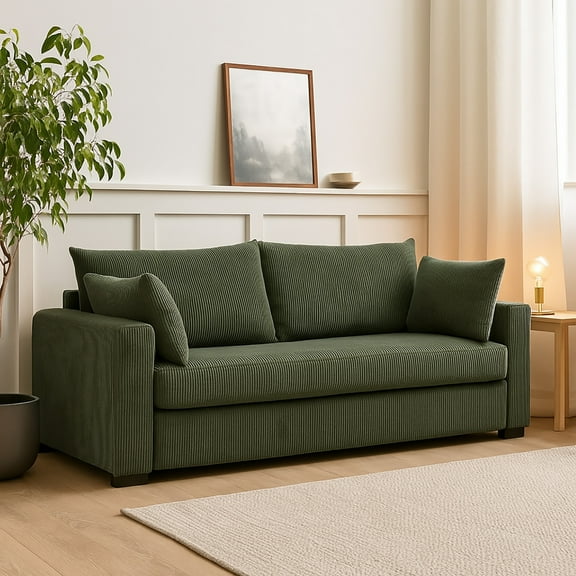 MOONMISS 79" Corduroy Sofa,3 Seater Sofa with Extra Deep Seats,Comfy Upholstered Couch for Living Room,2 Pillows,Green