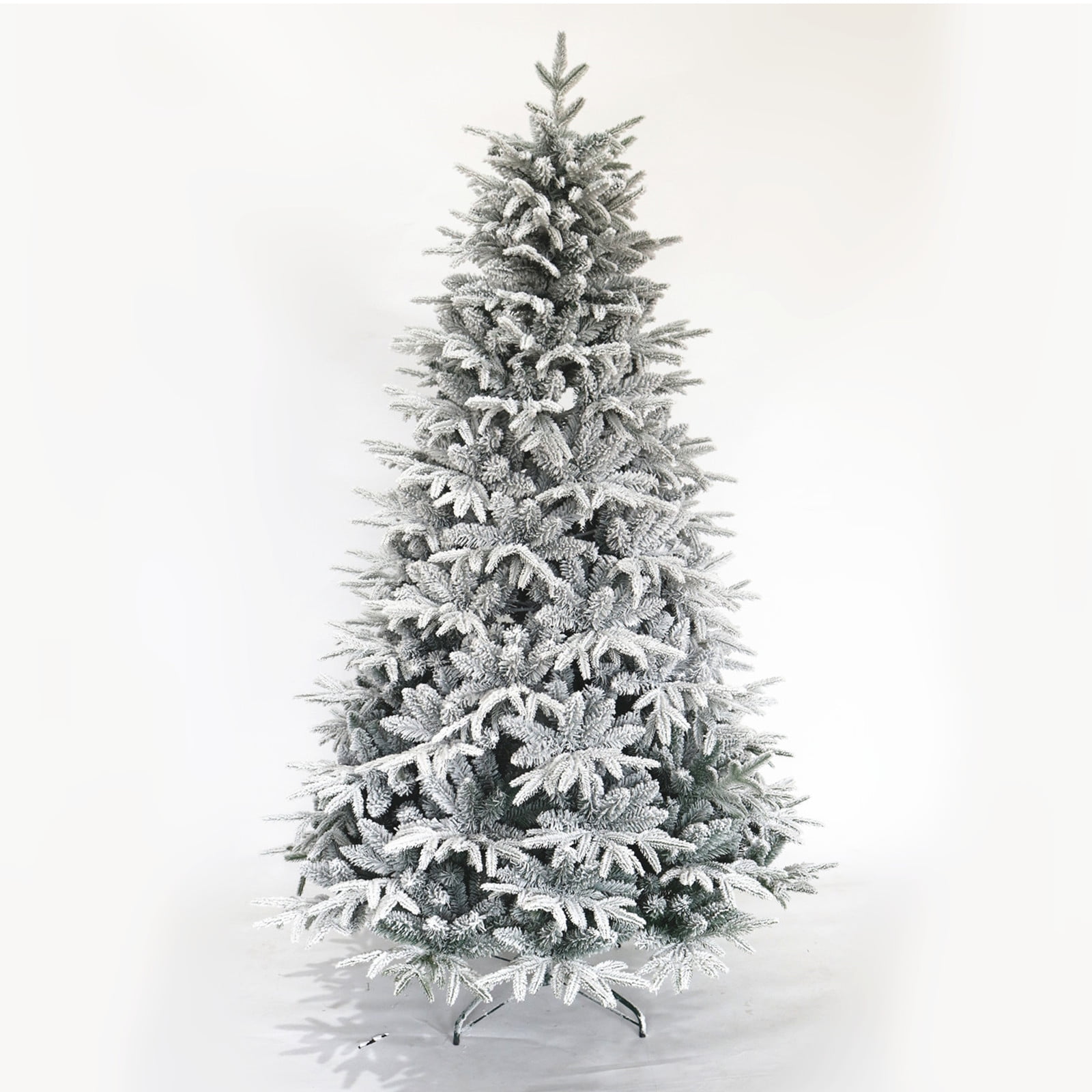 MOONMISS 7ft Snow Flocked Artificial Hinged Pine Christmas Tree with with X-shaped Iron Stand-White
