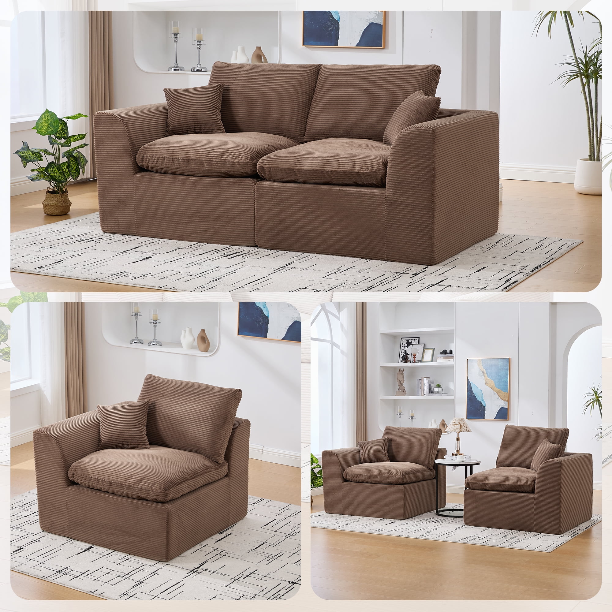 MOONMISS 80.3" Oversized Modular Sofa, Upholstered Corduroy 2 Seat Deep Seat Cloud Couch for Living Room Bedroom, No Assembly Required,Brown
