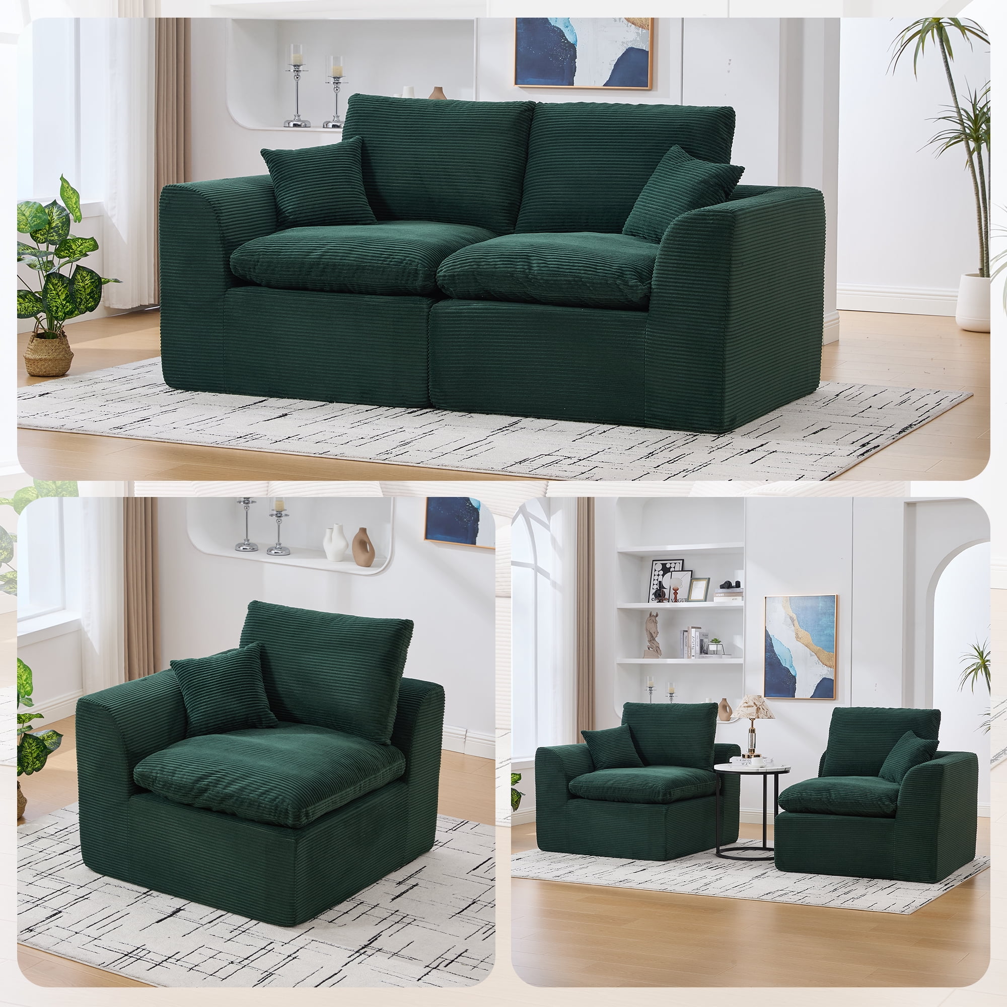 MOONMISS 80.3" Oversized Modular Sofa, Upholstered Corduroy 2 Seat Deep Seat Cloud Couch for Living Room Bedroom, No Assembly Required, Emerald