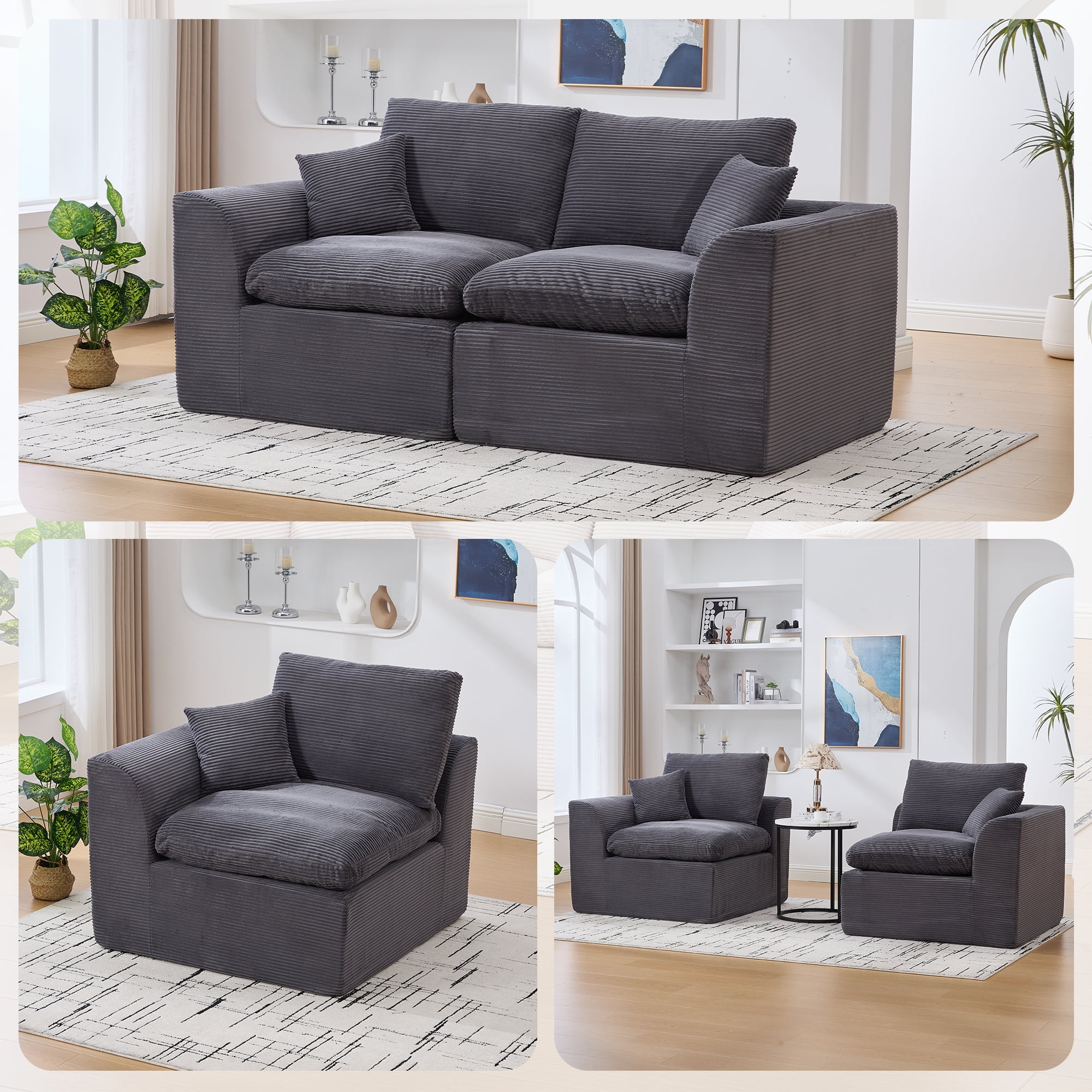 MOONMISS 80.3" Oversized Modular Sofa, Upholstered Corduroy 2 Seat Deep Seat Cloud Couch for Living Room Bedroom, No Assembly Required,Gray