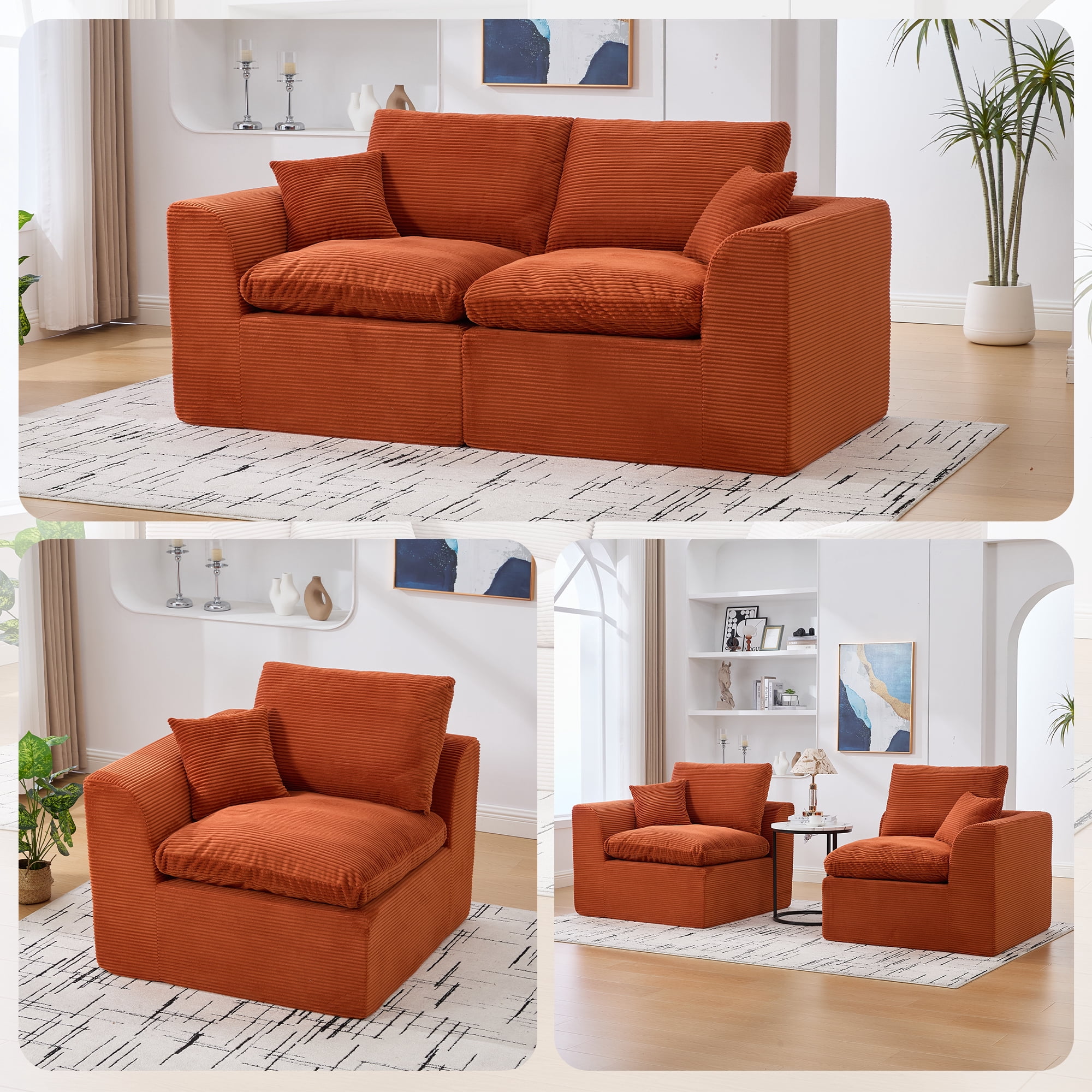 MOONMISS 80.3" Oversized Modular Sofa, Upholstered Corduroy 2 Seat Deep Seat Cloud Couch for Living Room Bedroom, No Assembly Required,Orange
