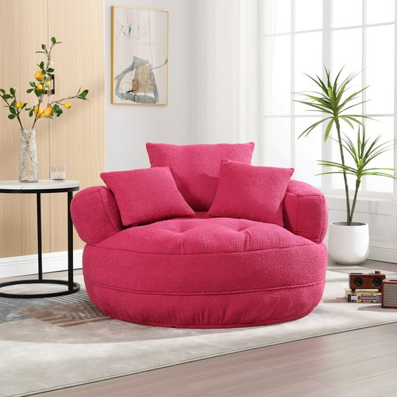 MOONMISS Boucle Upholstered Tufted Soft Barrel Accent Living Room Chair with Toss Pillows-Pink