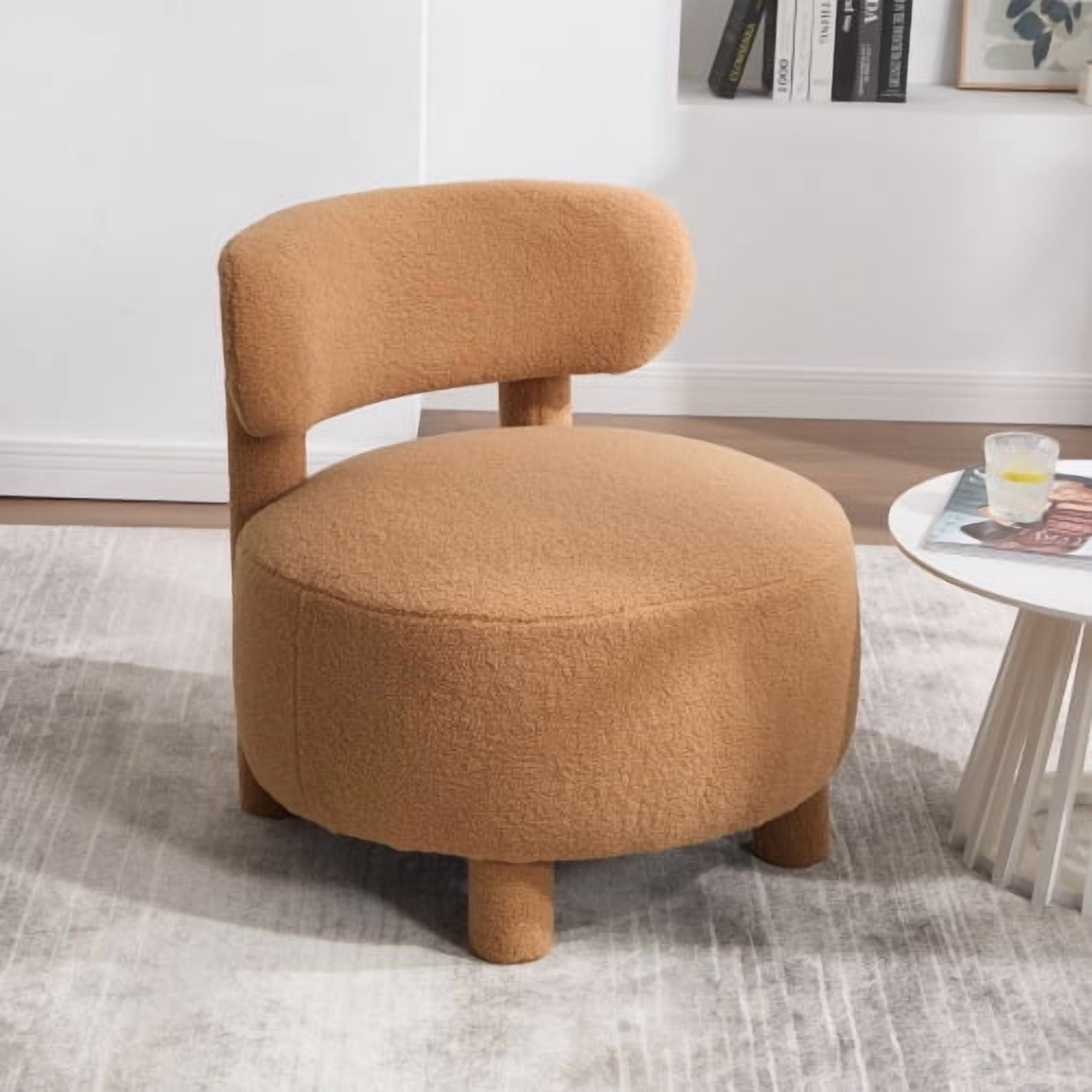 MOONMISS Accent Chair With Curved Backrest And Solid Wood Legs Upholstered Chair Slipper Side Chair For Primary Living Space Bedroom Vanity Room Or Reading Room ,Khaki-Teddy