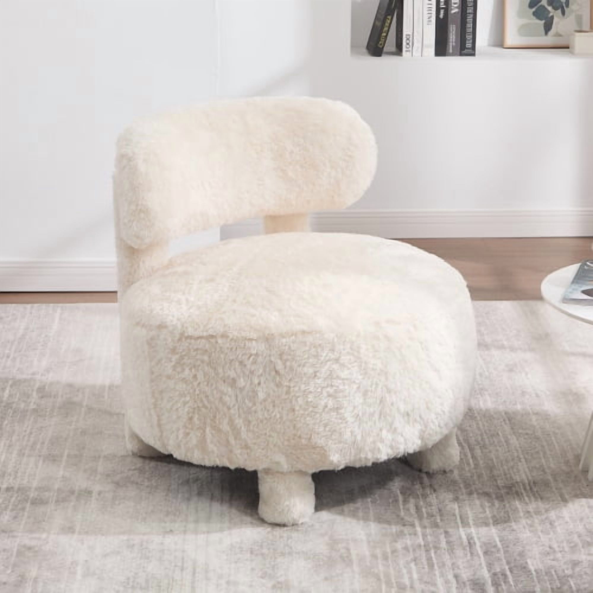 MOONMISS Accent Chair With Curved Backrest And Solid Wood Legs Upholstered Chair Slipper Side Chair For Primary Living Space Bedroom Vanity Room Or Reading Room ,White-Fur