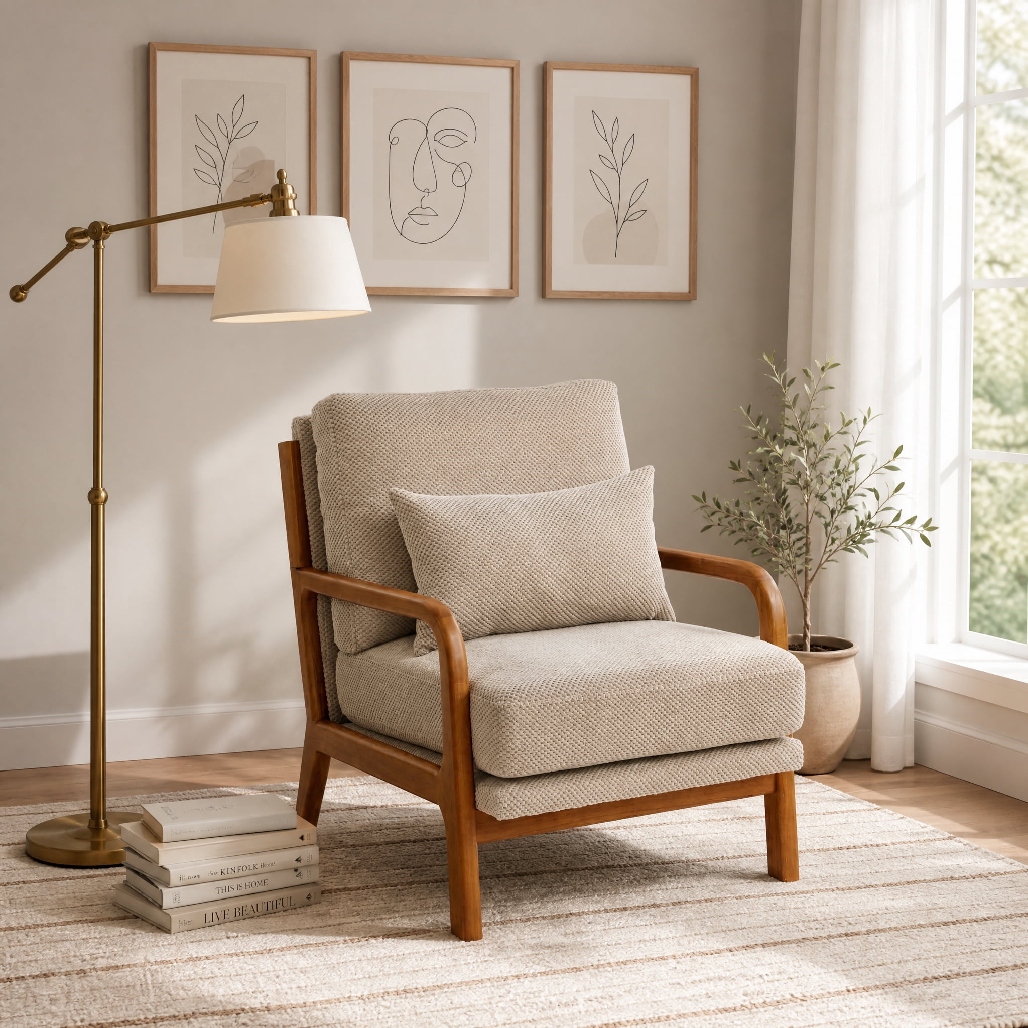 MOONMISS Accent Chair, Reading Club Chair with Pillow for Living Room Bedroom Furniture,Camel