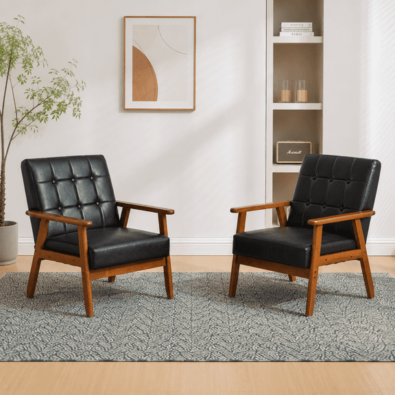 MOONMISS Accent Chair Set of 2,Mid Century Modern PU Leather Armchair with Wood Frame for Living Room Bedroom Study Room Easy Assembly,BLack