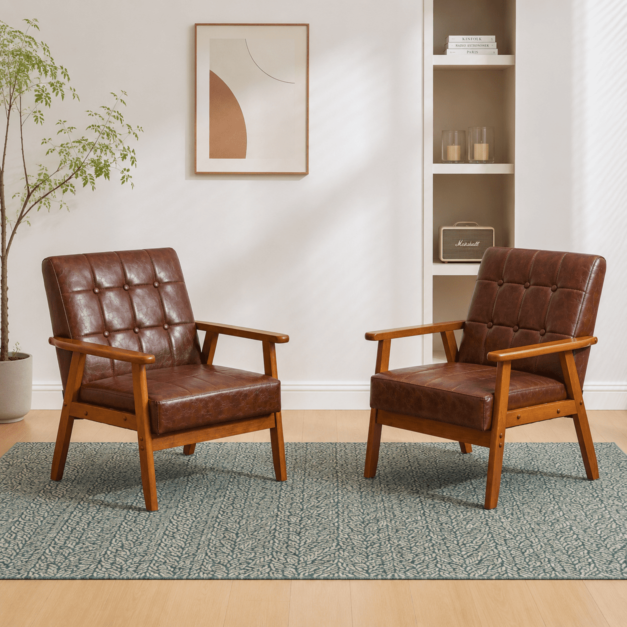 MOONMISS Accent Chair Set of 2,Mid Century Modern PU Leather Armchair with Wood Frame for Living Room Bedroom Study Room Easy Assembly,Brown