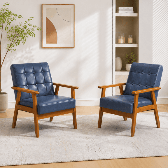 MOONMISS Accent Chair Set of 2,Mid Century Modern PU Armchair with Wood Frame for Living Room Bedroom Study Room Easy Assembly,Navy