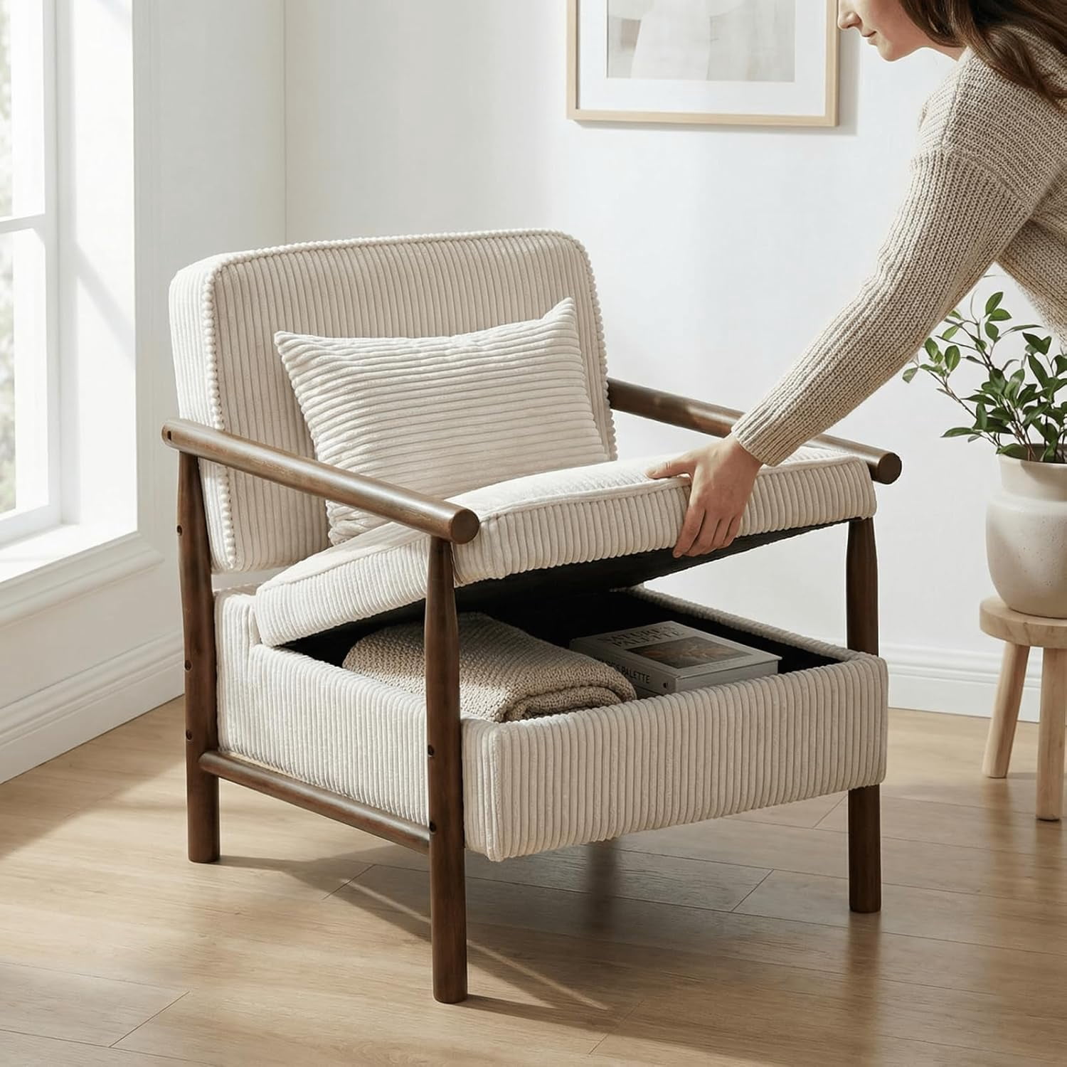 MOONMISS Accent Chair with Hidden Storage, Armchair with Solid Wood Frame, Corduroy Fabric Accent Chair for Living Room,Beige