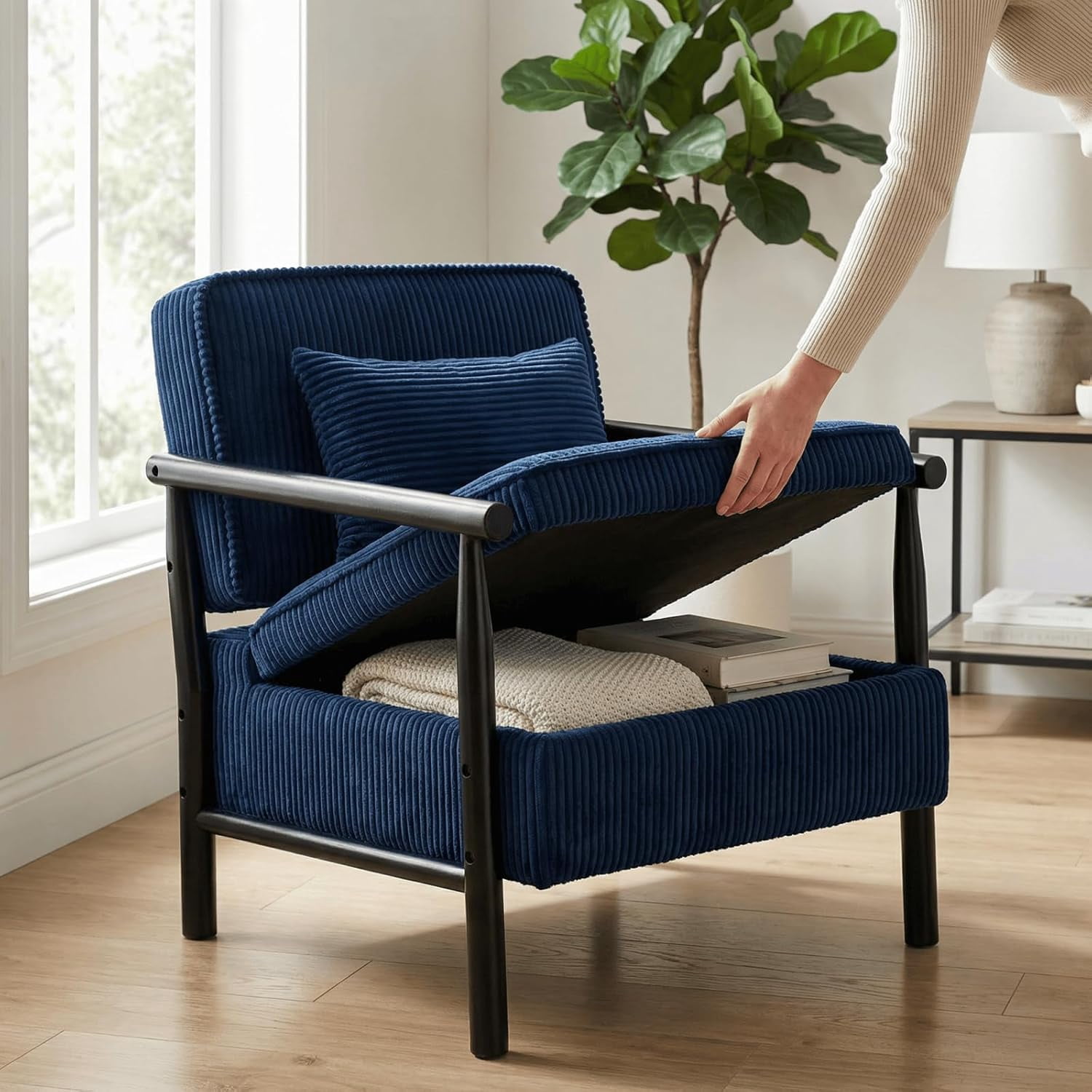 MOONMISS Accent Chair with Hidden Storage, Armchair with Solid Wood Frame, Corduroy Fabric Accent Chair for Living Room,Blue