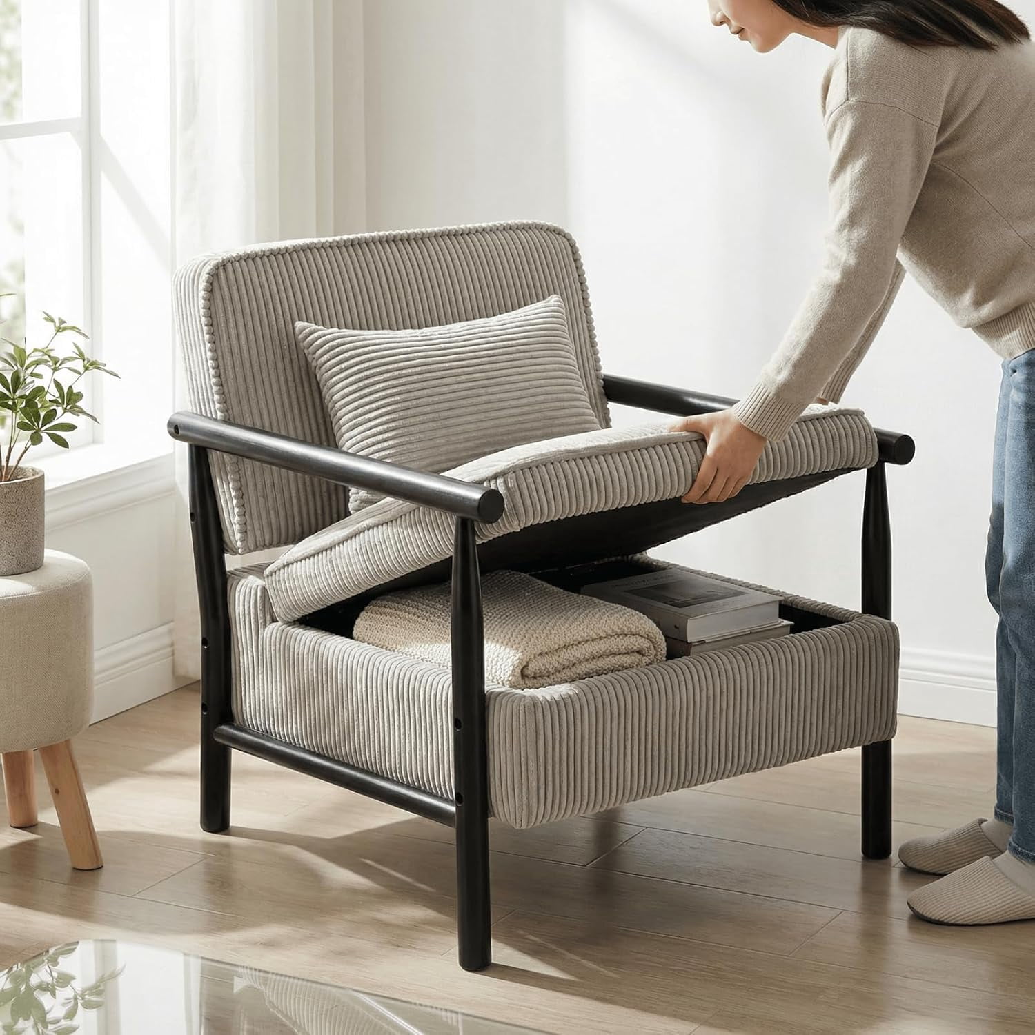 MOONMISS Accent Chair with Hidden Storage, Armchair with Solid Wood Frame, Corduroy Fabric Accent Chair for Living Room,Gray