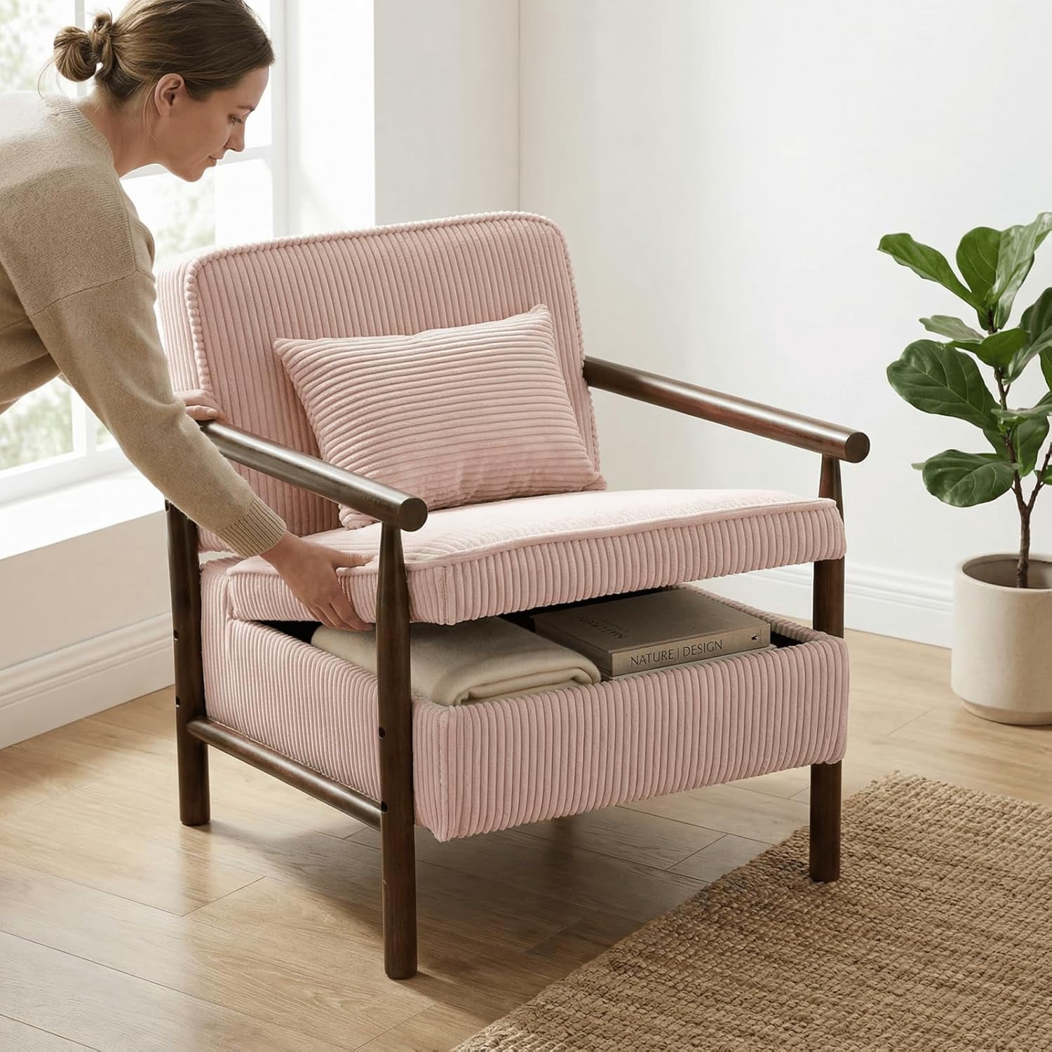 MOONMISS Accent Chair with Hidden Storage, Armchair with Solid Wood Frame, Corduroy Fabric Accent Chair for Living Room,Pink