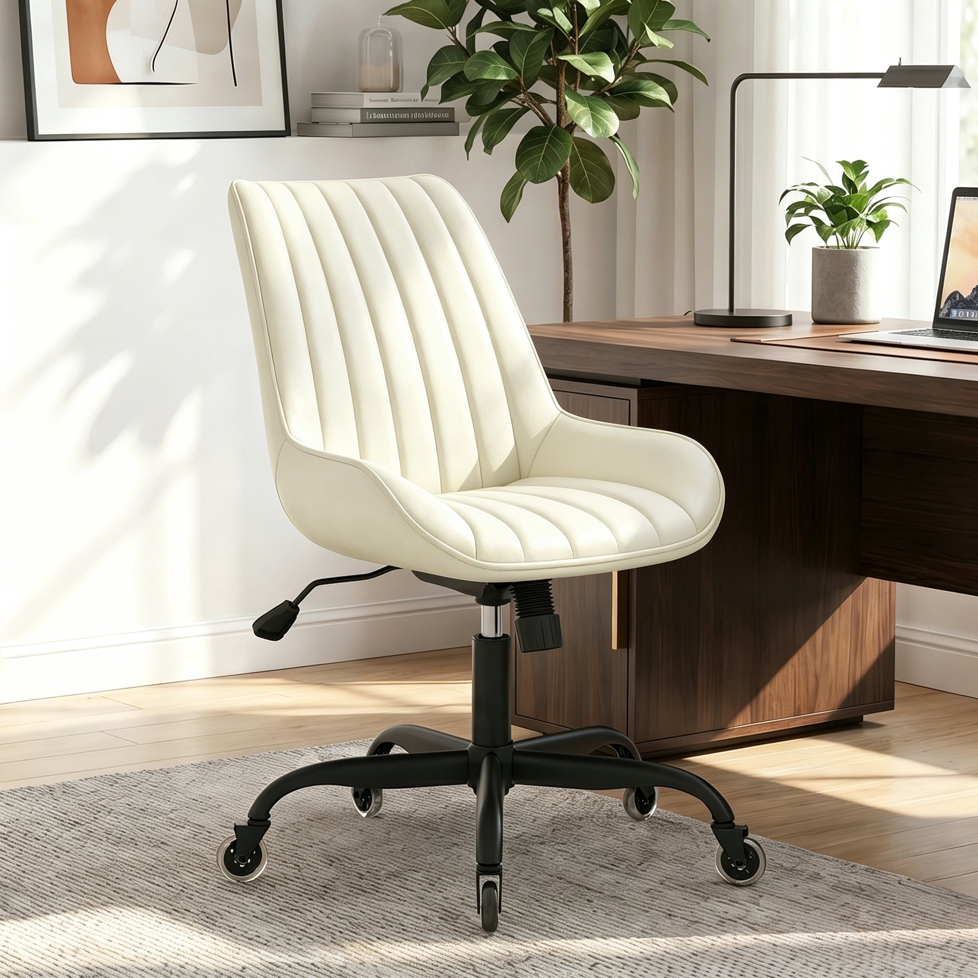MOONMISS Armless Office Desk Chair Modern Upholstered Faux Leather Swivel Task Chair,Beige