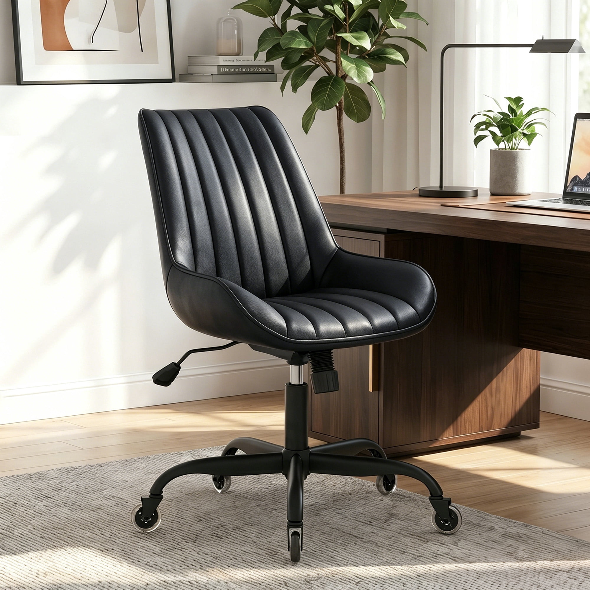 MOONMISS Armless Office Desk Chair Modern Upholstered Faux Leather Swivel Task Chair,Black