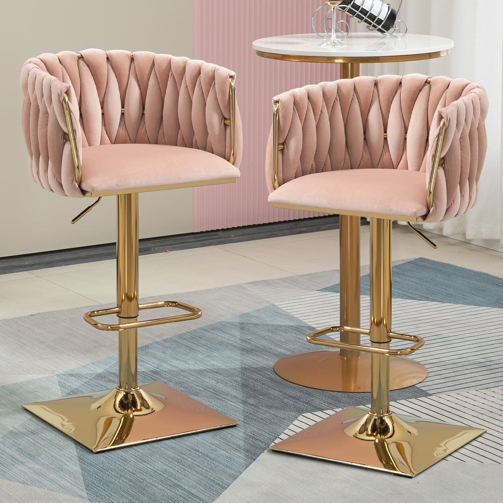 MOONMISS Bar Stools Set of 2, Adjustable Swivel Barstools, Velvet Counter Height Bar Chair with Back and Footrest for Kitchen Island Dining Room Café Pub,Pink