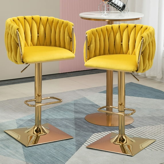 MOONMISS Bar Stools Set of 2, Adjustable Swivel Barstools, Velvet Counter Height Bar Chair with Back and Footrest for Kitchen Island Dining Room Café Pub,Yellow