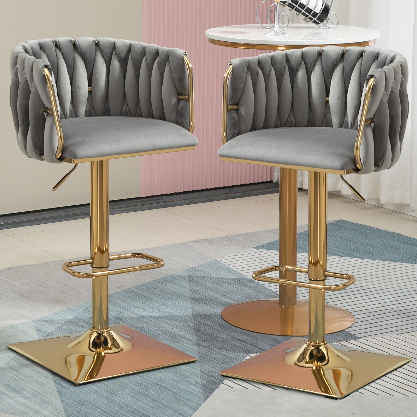 MOONMISS Bar Stools Set of 2, Adjustable Swivel Barstools, Velvet Counter Height Bar Chair with Back and Footrest for Kitchen Island Dining Room Café Pub,Gray
