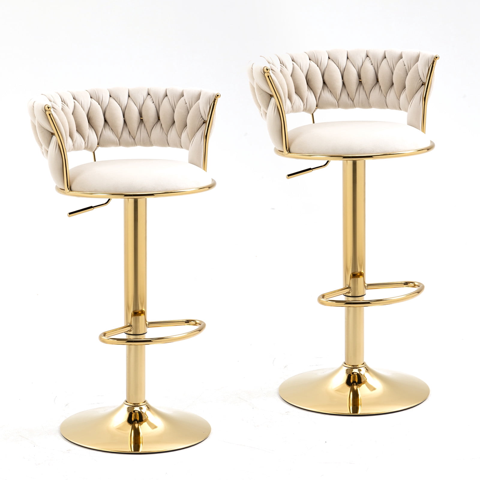 MOONMISS Bar Stools Set of 2, Adjustable Swivel Barstools, Velvet Counter Height Bar Chair with Back and Footrest for Kitchen Island Dining Room Café Pub,Ivory