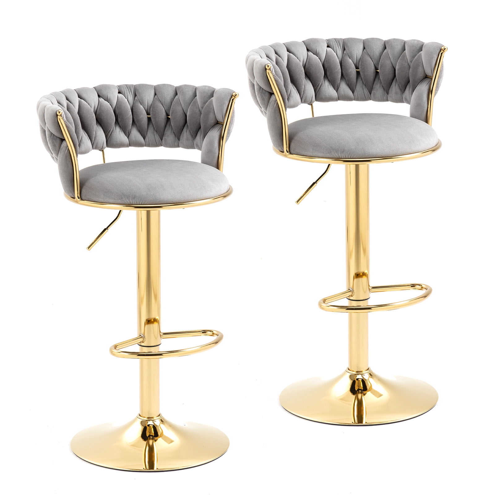 MOONMISS Bar Stools Set of 2, Adjustable Swivel Barstools, Velvet Counter Height Bar Chair with Back and Footrest for Kitchen Island Dining Room Café Pub,Gray