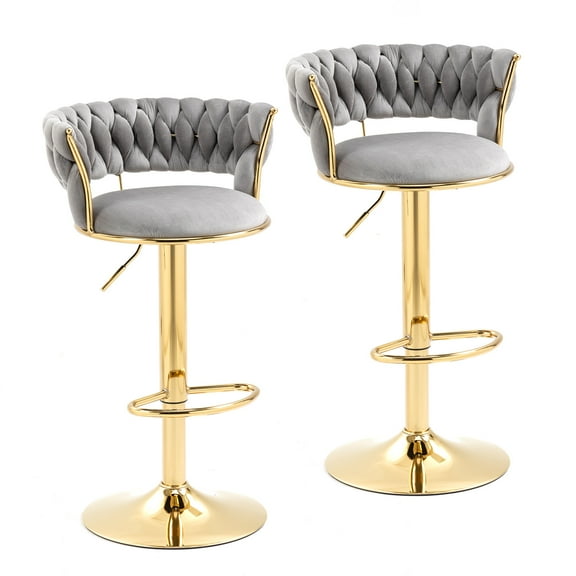 MOONMISS Bar Stools Set of 2, Adjustable Swivel Barstools, Velvet Counter Height Bar Chair with Back and Footrest for Kitchen Island Dining Room Café Pub,Gray